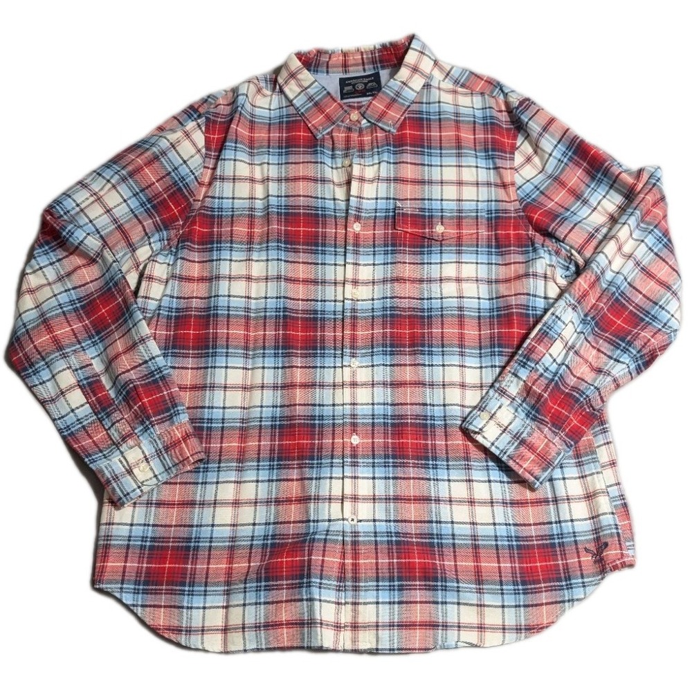 American Eagle‎ Plaid Shirt Mens XXL Slim Fit Red Blue Button Down Cotton